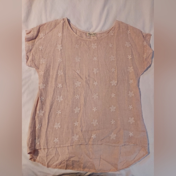 Terzo Millennio Italian Made Soft Pink Floral Embroidered 100% Linen Hi-Low Top - Picture 8 of 8